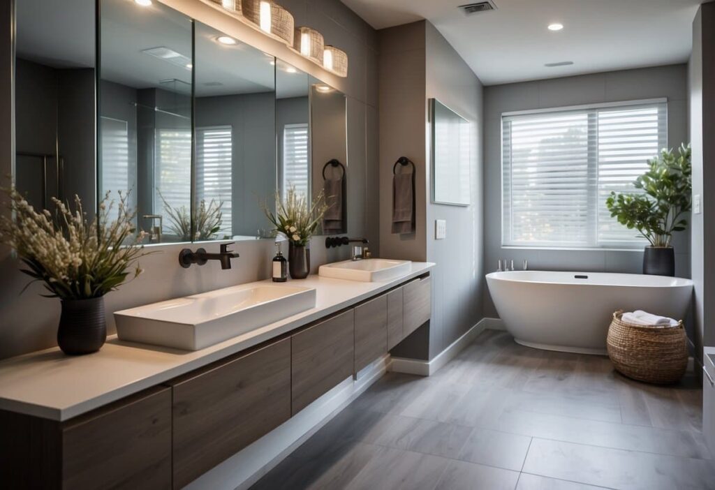 A newly renovated bathroom with modern fixtures and a clean, minimalist design. The space is well-lit with natural light and features a spacious shower and sleek vanity