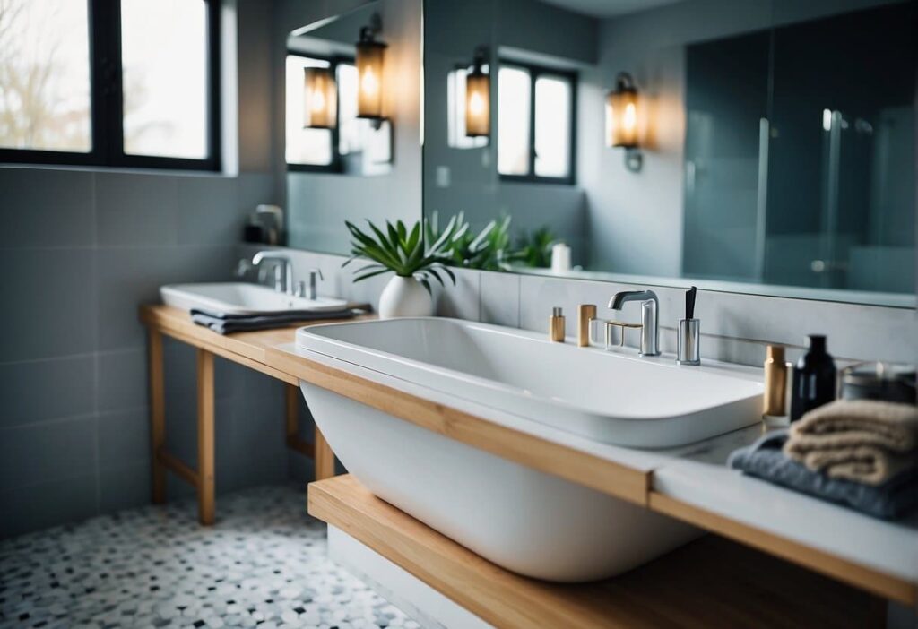 A bathroom with modern fixtures and a clean, bright aesthetic. A contractor is seen working on the renovation, with tools and materials scattered around